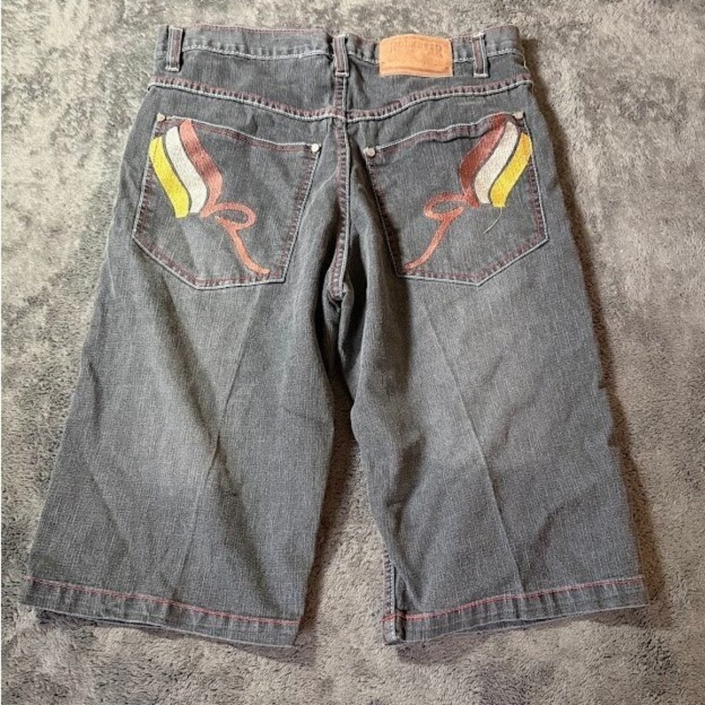 Vintage Rocawear Mens Baggy Denim Shorts Black Red Contrast Stitching 36X14 Y2K